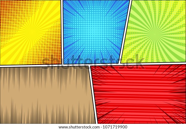 Comic page book bright background with\
radial slanted lines rays and halftone humor effects in different\
colors. Blank template. Vector\
illustration
