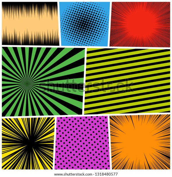 Comic page book bright concept with frames\
black halftone radial dotted slanted lines rays humor effects.\
Vector illustration