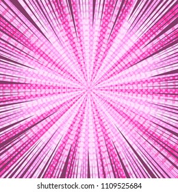 Comic page book bright poster with rays dotted circles and radial humor effects in pink colors. Vector illustration