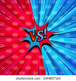 Comic page book bright vs concept with wording, speech bubble, oval, rays and radial humor effects on blue and red backgrounds. Vector illustration
