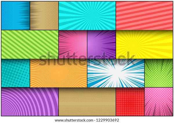Comic\
page book colorful template with halftone radial stripes dotted\
circles rays humor effects. Vector\
illustration