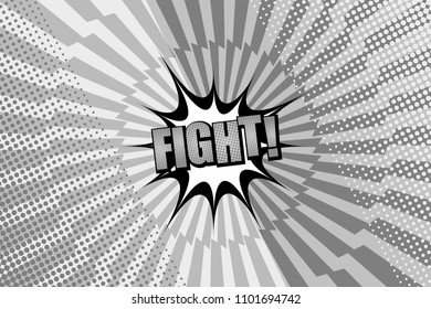 Comic page book monochrome fight concept with wording, speech bubble, halftone and radial lightnings humor effects in gray colors. Vector illustration