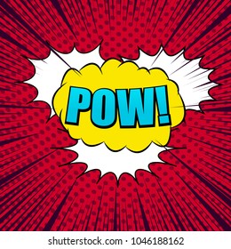Comic page book poster with Pow wording yellow and white speech bubbles dotted and rays humor effects on red background. Vector illustration