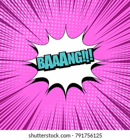 Comic page book template with blue Bang inscription, white speech cloud, halftone and rays effects on pink background. Vector illustration