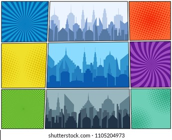 Comic page book template with city silhouettes radial and halftone humor effects in different colors. Vector illustration