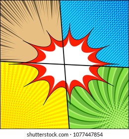 Comic page bright colorful template with speech bubble in center of composition rays halftone and radial humor effects. Vector illustration