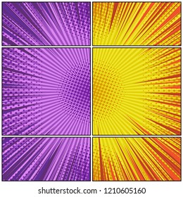 Comic page bright composition with halftone rays radial effects in purple and yellow colors. Vector illustration