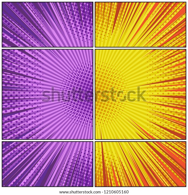 Comic page bright\
composition with halftone rays radial effects in purple and yellow\
colors. Vector\
illustration