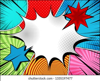 Comic page bright concept with blank speech bubble colorful clouds explosive black rays and different humor effects. Vector illustration