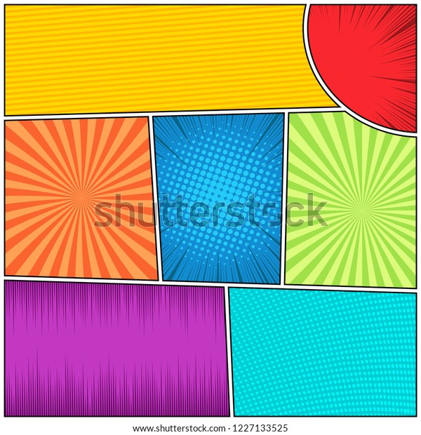 Comic page bright concept\
with halftone radial striped dotted rays humor effects. Vector\
illustration