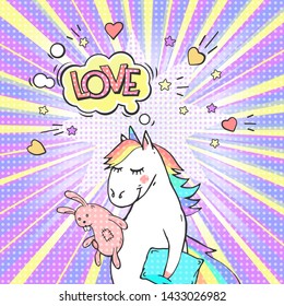 Comic page bright concept with magic animal unicorn and speech bubble LOVE! Pop art retro vector illustration.  