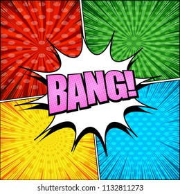 Comic page bright concept with pink Bang inscription white speech bubble radial oval and rays effects on colorful backgrounds. Vector illustration