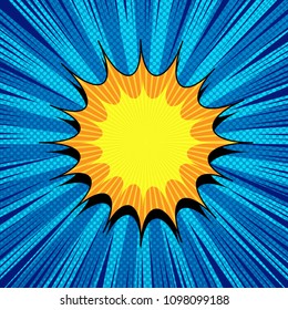 Comic page bright concept with yellow and orange speech bubble, rays, dotted and radial effects on blue background. Vector illustration