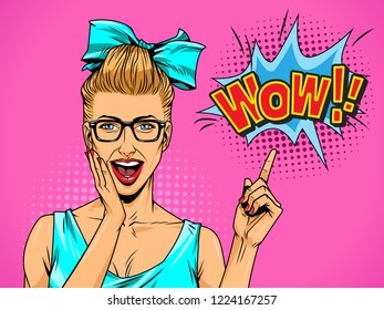 Comic page bright concept with young surprised girl pointing at speech bubble Wow wording halftone sound effects vector illustration