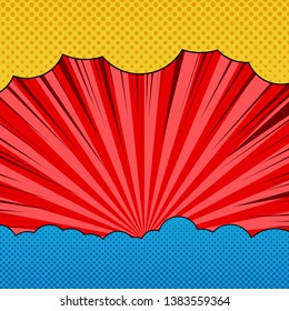 Comic page bright explosive template with blue and yellow clouds radial rays and halftone humor effects on red background. Vector illustration