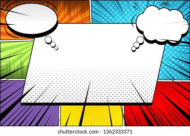 Comic page bright template with blank big rectangular speech bubble white dynamic clouds explosive black rays and different colorful humor effects. Vector illustration