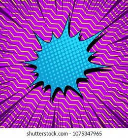 Comic page bright template with blue speech bubble halftone rays and yellow waves effects on purple background. Vector illustration