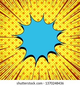 Comic page bright template with blue speech bubble dotted halftone and rays humor effects on yellow background. Vector illustration