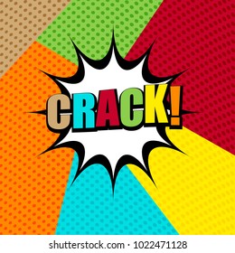 Comic page bright template with Crack inscription, white speech bubble on colorful dotted background. Vector illustration