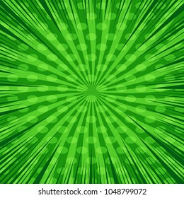 Comic page bright template with rays and light oval effects on green radial background. Vector illustration
