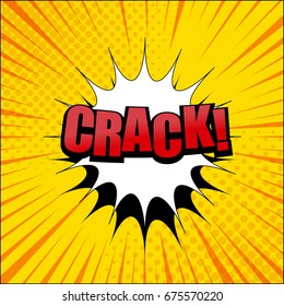 Comic page bright template with red Crack word, white speech bubble, rays and halftone effects on orange background in pop art style. Vector illustration