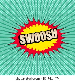 Comic page bright template with Swoosh wording yellow and red speech bubbles dotted humor effects on radial background. Vector illustration
