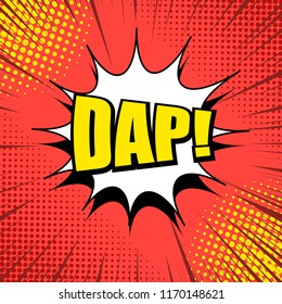 Comic page bright template with yellow Dap wording white speech bubble dotted halftone and rays humor effects on red background. Vector illustration