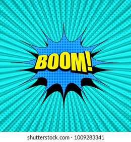 Comic page bright turquoise background with yellow Boom inscription, blue speech bubble, halftone and radial humor effects. Vector illustration