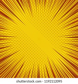 Comic page bright yellow background with dynamic rays radial and halftone effects. Vector illustration