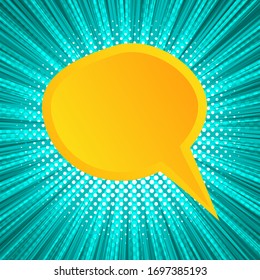 Comic page burst concept with blank yellow speech bubble turquoise radial rays halftone effects. Vector illustration