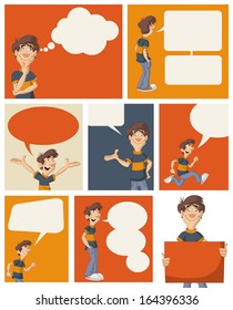 Comic page with cartoon man talking by speech balloons