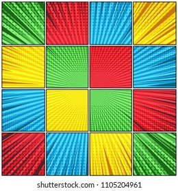 Comic page colorful composition with bright scenes radial rays and halftone humor effects. Vector illustration