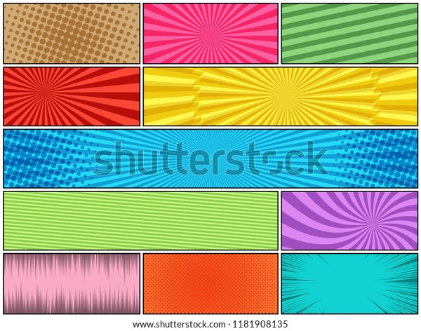 Comic page colorful\
composition with halftone radial striped and rays humor effects.\
Vector illustration