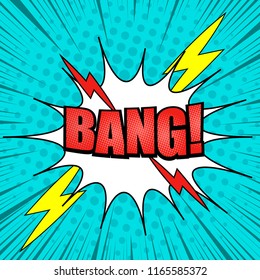 Comic page colorful concept with red Bang wording white speech bubble bright lightnings halftone and rays humor effects on turquoise background. Vector illustration