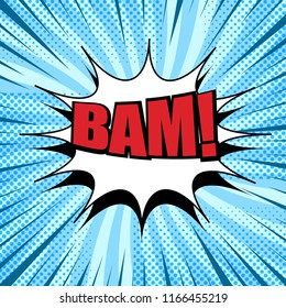 Comic page colorful dynamic template with red Bam wording white speech bubble halftone and rays humor effects on blue background. Vector illustration