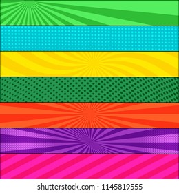 Comic page colorful horizontal banners with halftone radial striped dotted humor effects. Vector illustration