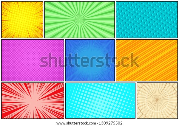Comic page colorful\
light background with stripes radial rays halftone humor effects.\
Vector illustration