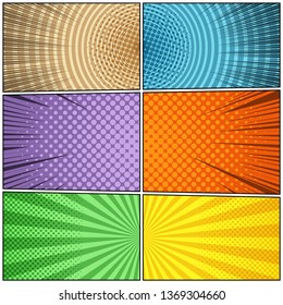 Comic page colorful template with circles halftone radial rays humor effects. Vector illustration