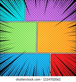 Comic page colorful template with light halftone humor effects and black rays. Vector illustration