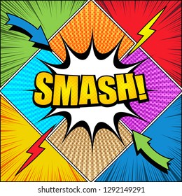 Comic page colorful template with yellow Smash wording speech bubble arrows lightnings rays radial and halftone effects. Vector illustration