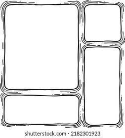 Comic page composition vector for backdrop layout. Black line graphic hand drawn illustration. Information box space for text, pictures, design.
