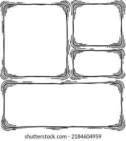 Comic page composition vector for backdrop layout. Black line graphic hand drawn illustration. Information box space for text, pictures, design. Decorative element border frame vintage hand drawing.