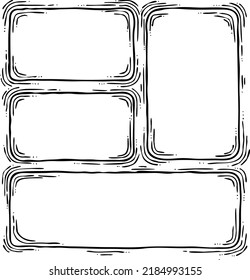 Comic page composition vector for backdrop layout. Black line graphic hand drawn illustration. Information box space for text, pictures, design. Decorative element border frame vintage hand drawing.