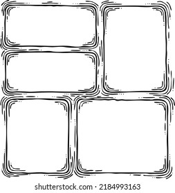 Comic page composition vector for backdrop layout. Black line graphic hand drawn illustration. Information box space for text, pictures, design. Decorative element border frame vintage hand drawing.