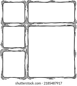 Comic page composition vector for backdrop layout. Black line graphic hand drawn illustration. Information box space for text, pictures, design. Decorative element border frame vintage hand drawing.
