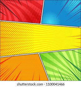 Comic page concept with halftone radial rays slanted lines effects in red blue yellow orange green colors. Vector illustration