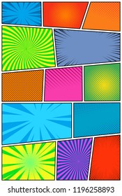 Comic page concept with halftone radial rays slanted lines effects. Pop art. Vector illustration. EPS 10