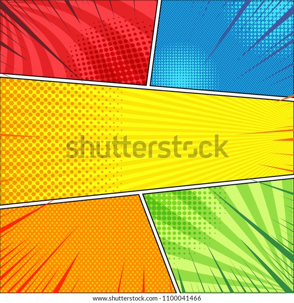 Comic page concept with halftone radial rays\
slanted lines effects in red blue yellow orange green colors.\
Vector illustration