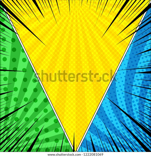 Comic page dynamic concept with triangular\
frames halftone radial dotted rays humor effects in yellow green\
blue colors. Vector\
illustration
