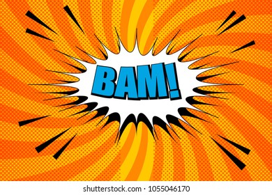 Comic page dynamic orange background with blue Bam inscription white speech bubble dotted sound and radial humor effects. Vector illustration